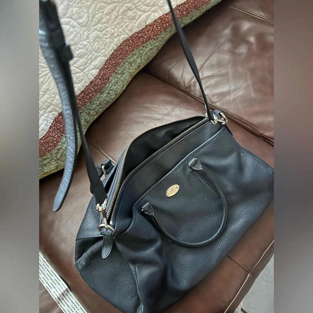 Coach Black Pebbled Leather double strap Satchel Handbag Purse Black